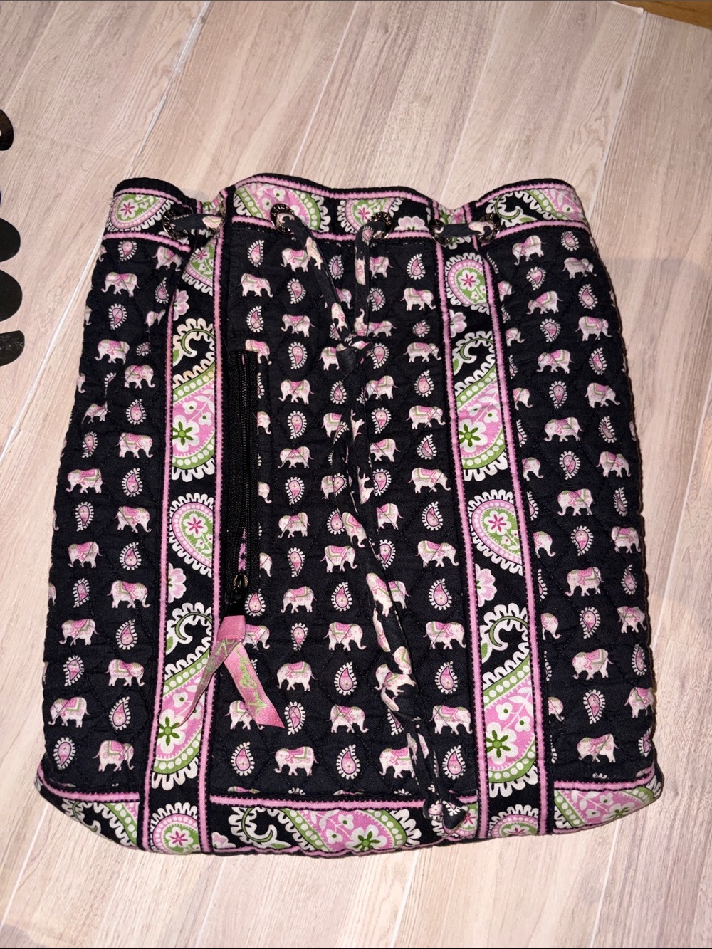 Vera Bradley Black Quilted Tote with Pink & Green Elephant Paisley Print